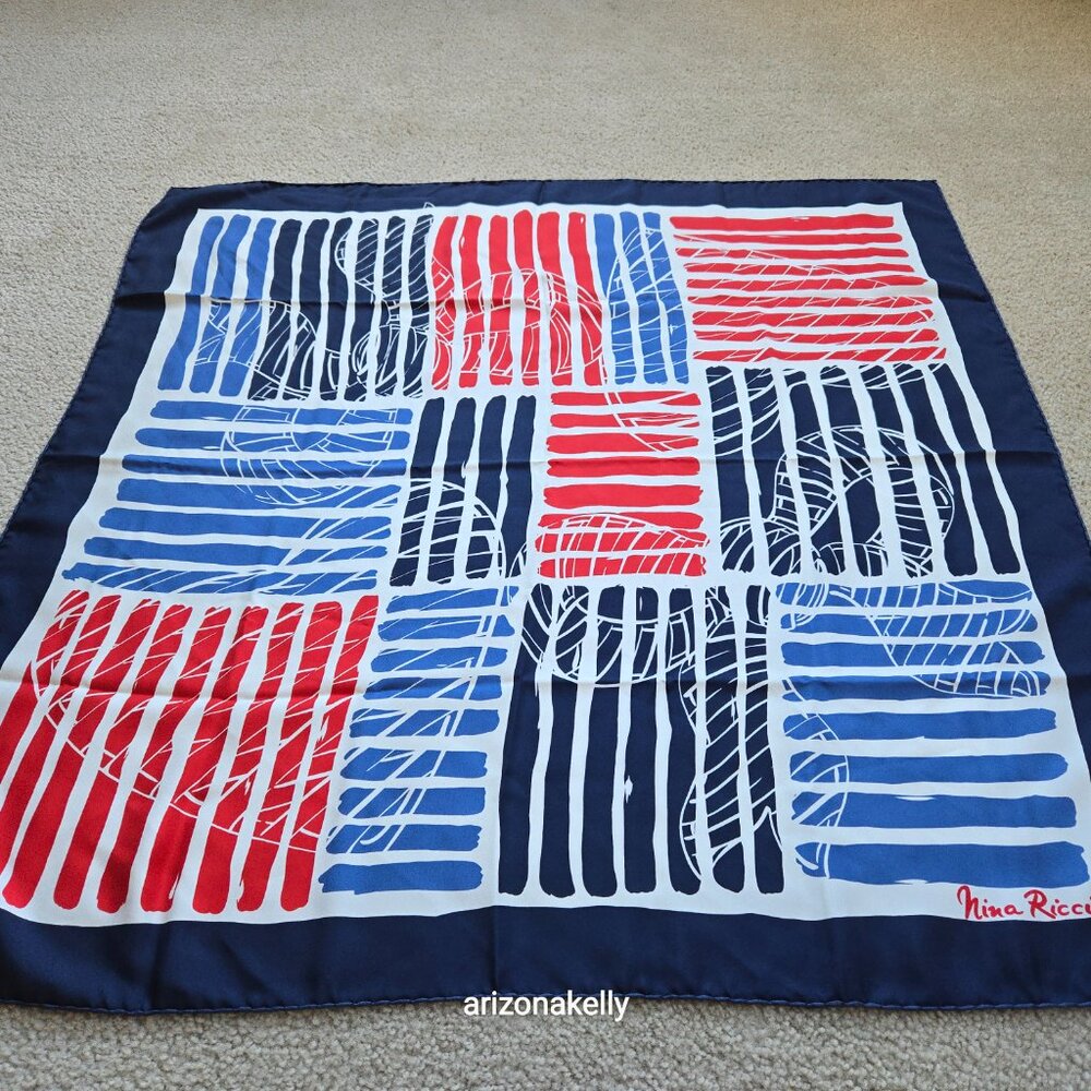 Nina Ricci Silk Twill Square Scarf Hand-rolled Red White Blue Heart - Picture 4 of 7